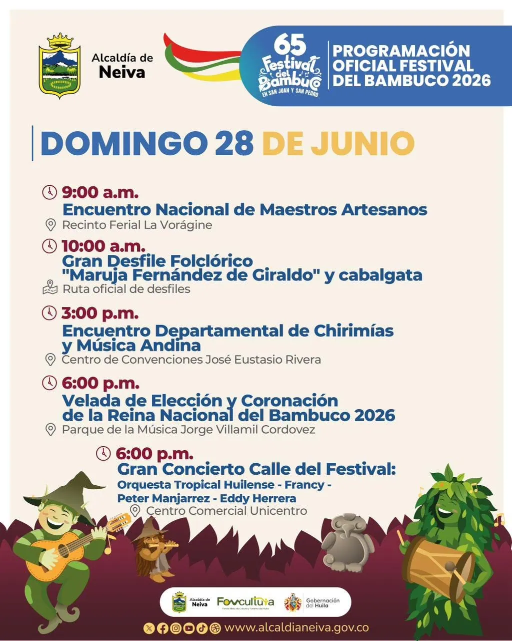 Programación domingo 28 de junio de 2026 Festival del Bambuco en Neiva