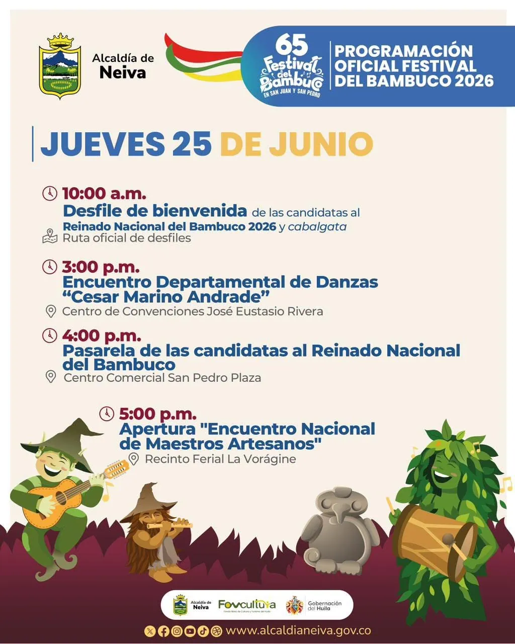 Programación jueves 25 de junio de 2026 Festival del Bambuco en Neiva