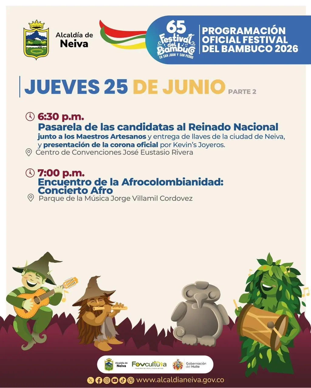 Programación jueves 25 de junio de 2026 Festival del Bambuco en Neiva