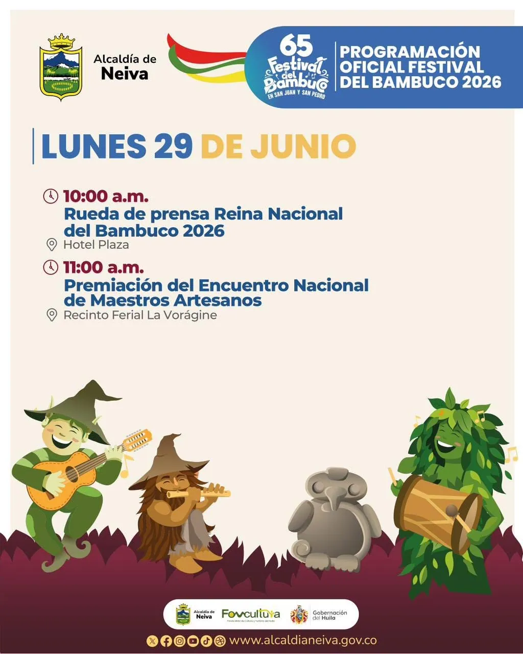 Programación lunes 29 de junio de 2026 Festival del Bambuco en Neiva
