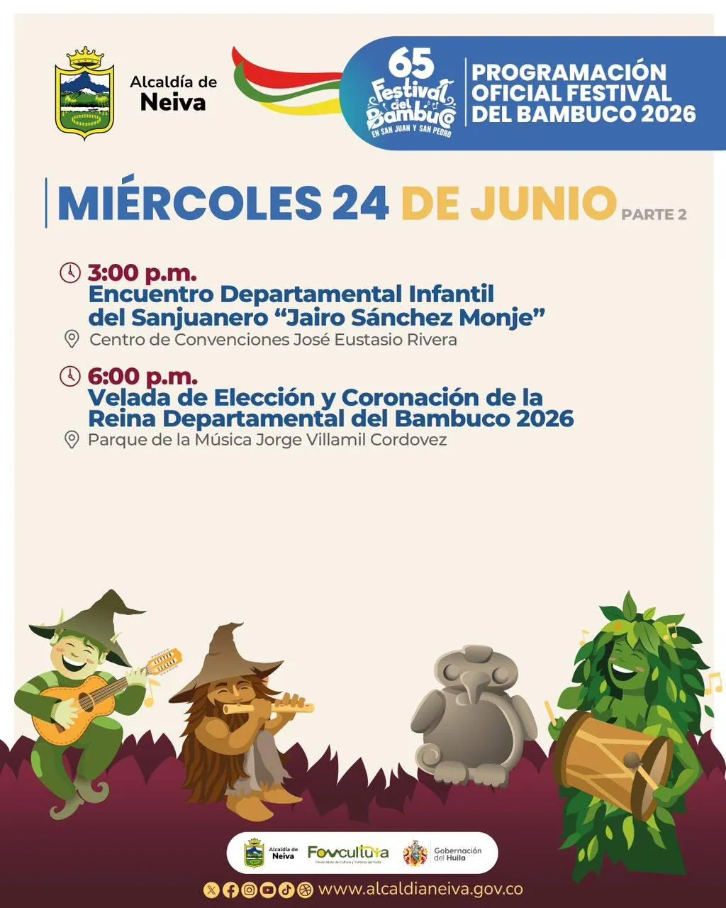 Programación miércoles 24 de junio de 2026 Festival del Bambuco en Neiva