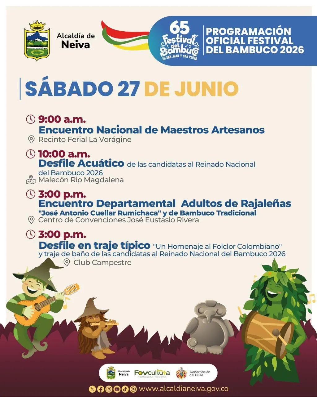 Programación sábado 27 de junio de 2026 Festival del Bambuco en Neiva