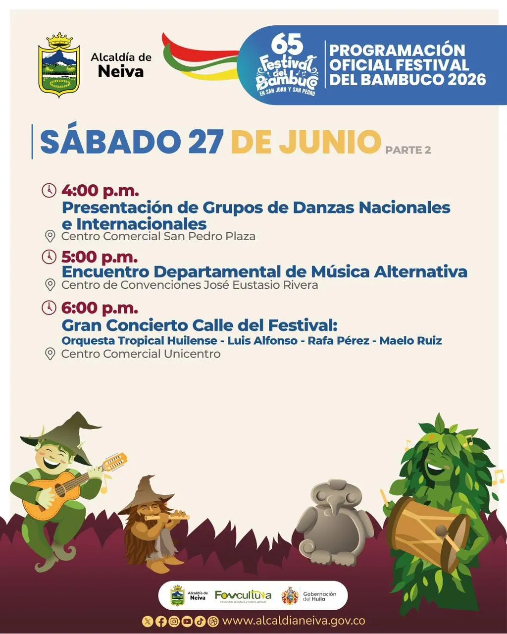 Programación sábado 27 de junio de 2026 Festival del Bambuco en Neiva