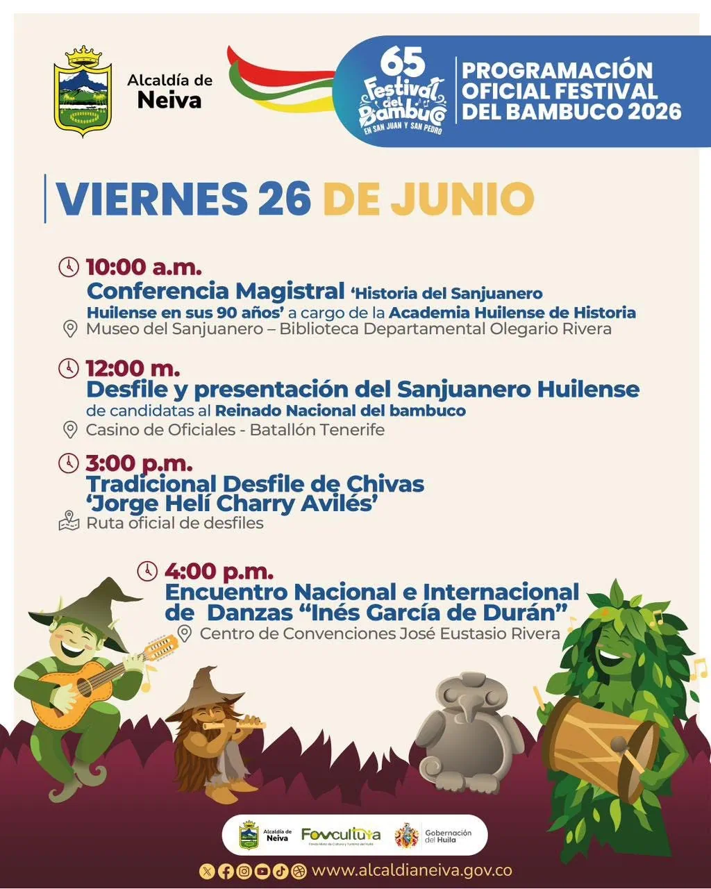 Programación viernes 26 de junio de 2026 Festival del Bambuco en Neiva