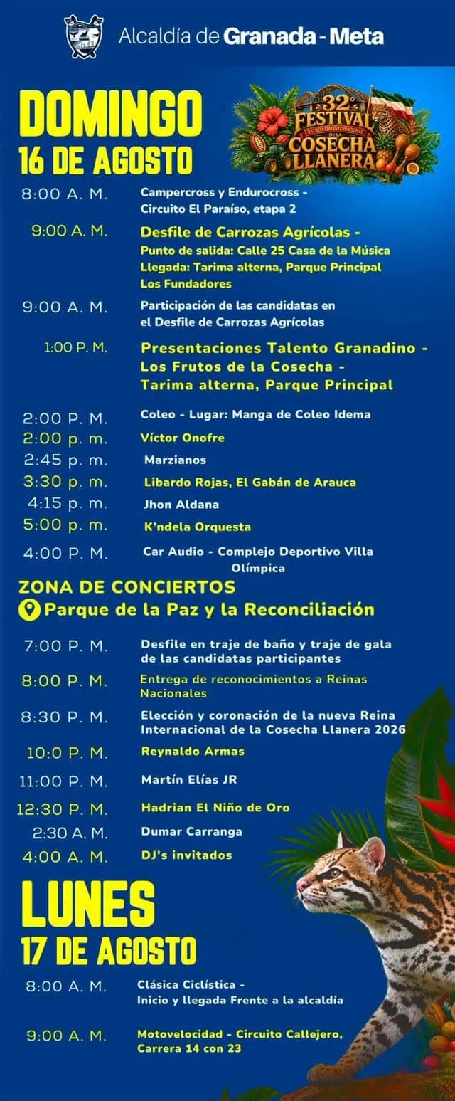 Programación Festival de La Cosecha llanera domingo 16 y lunes 17 de agosto