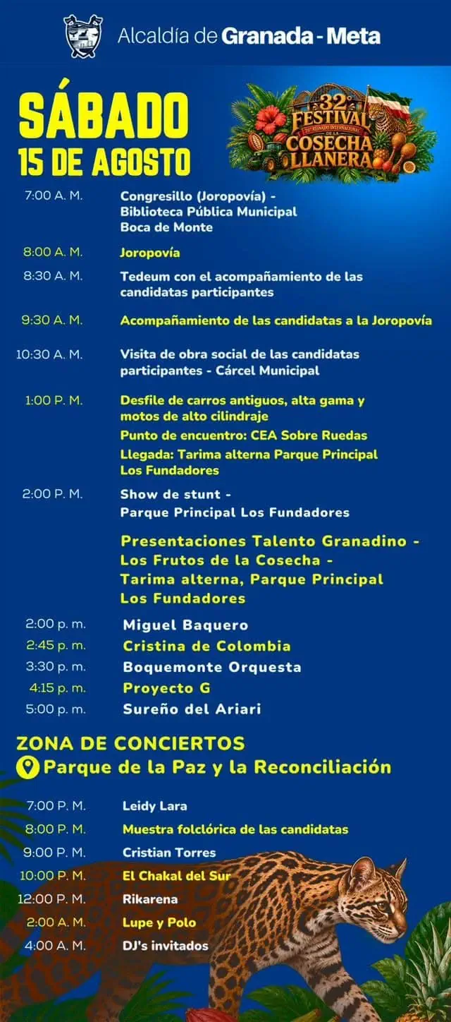 Programación Festival de La Cosecha llanera sábado 15 de agosto