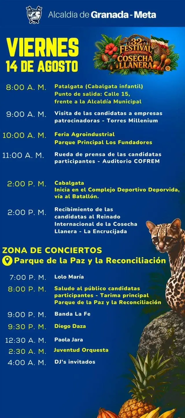 Programación Festival de La Cosecha llanera viernes 14 de agosto