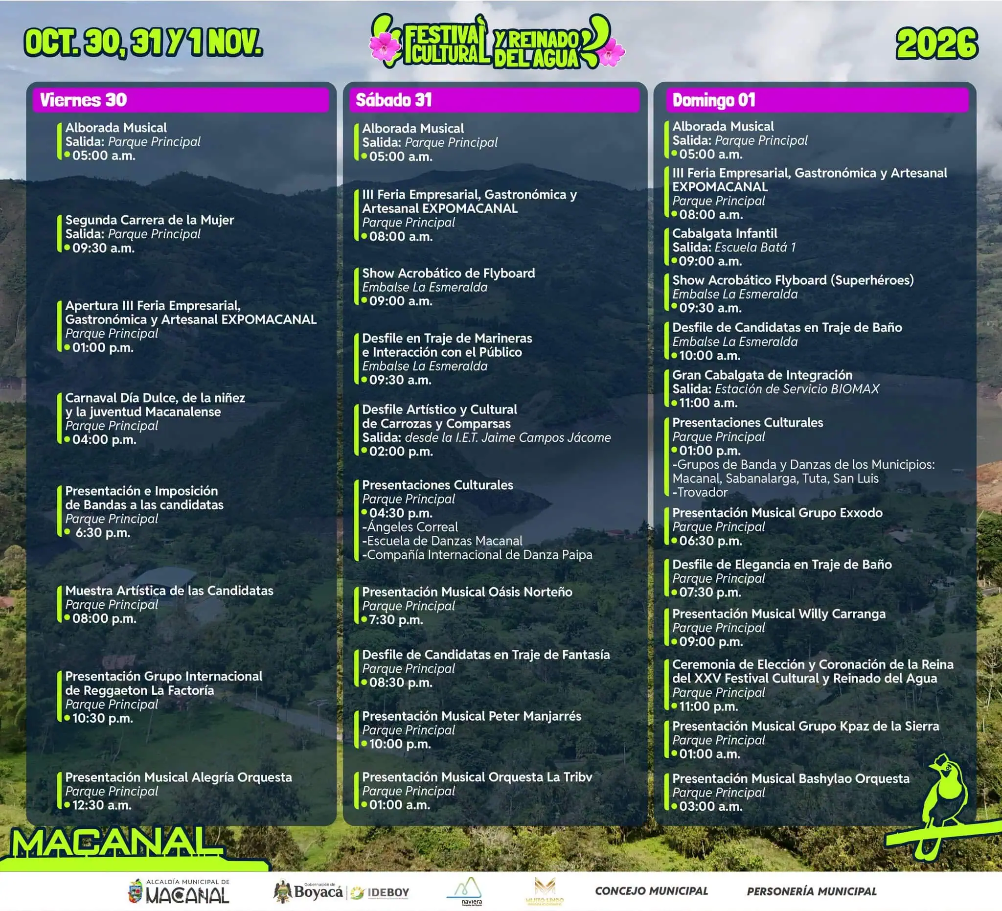Programación Festival Cultural y Reinado del Agua en Macanal 2026