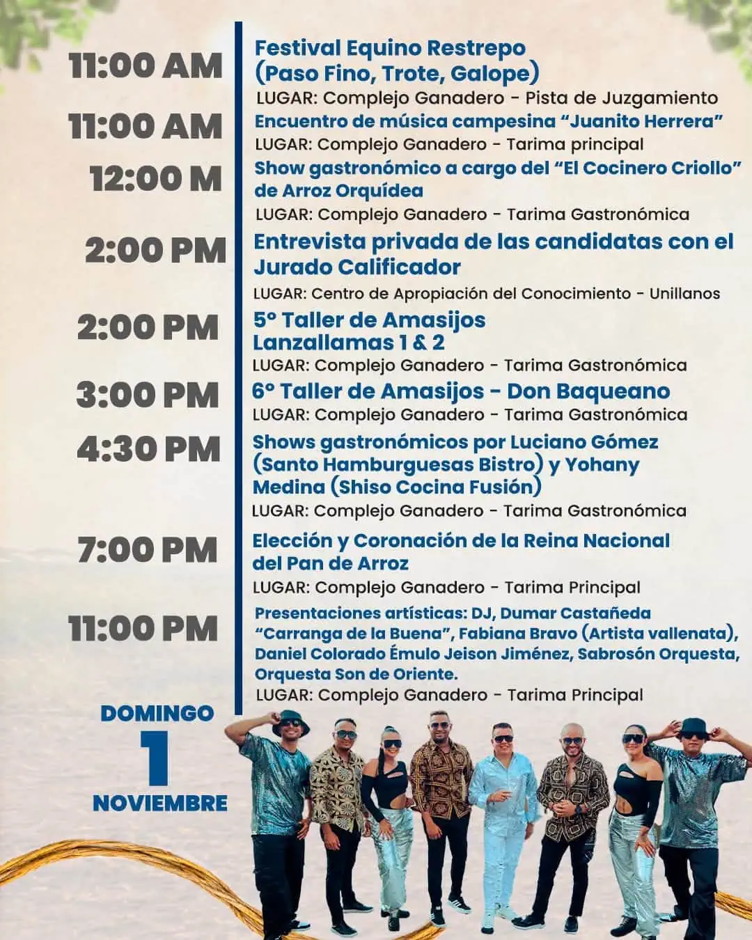 Programación domingo 1 de noviembre de 2026 Festival del Pan de Arroz en Restrepo Meta