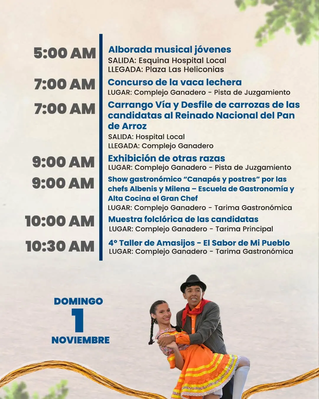 Programación domingo 1 de noviembre Festival del Pan de Arroz 2026 en Restrepo Meta